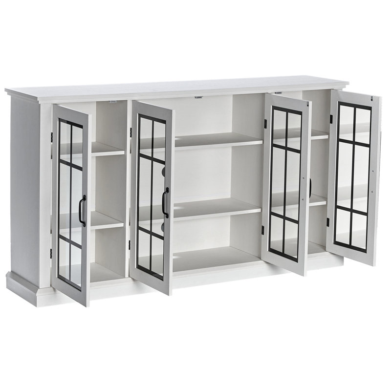 Alvilda 62.9'' W Modern Sideboard Buffet with Glass Doors, Distressed White