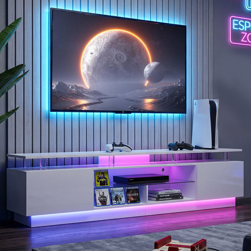 TV Stand for TVs up to 80" With 12 Colors LED Light & Remote & APP Control, 56.5 cm H x 203.2 cm W x 35 cm D, White