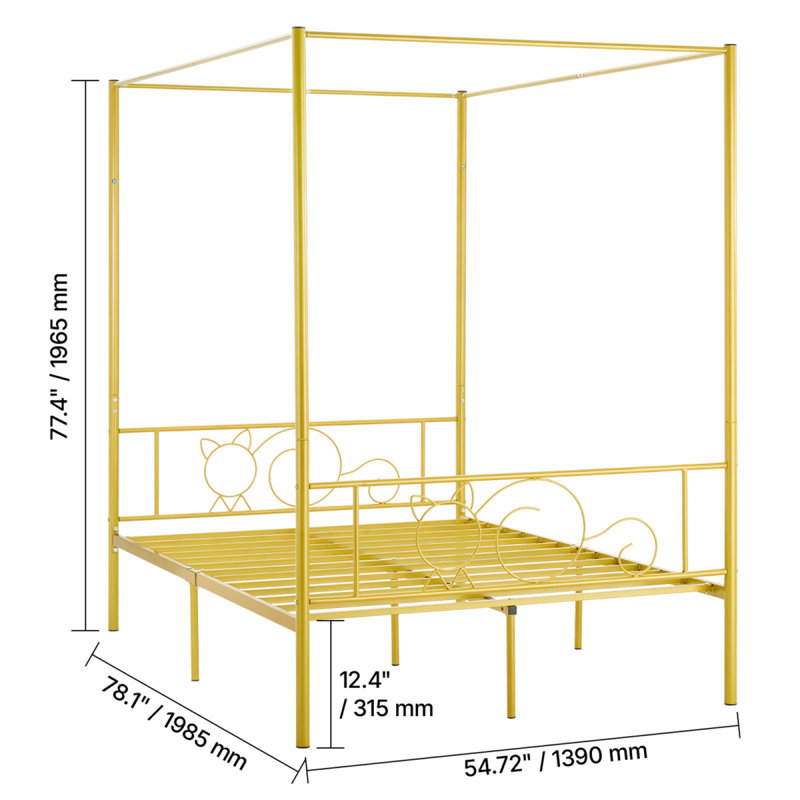Structure de lit à baldaquin pleine grandeur, lit à baldaquin en métal avec tête de lit minimaliste et quatre affiches, support de lattes en acier robuste, espace de rangement sous le lit, aucun sommier requis, assemblage facile, doré