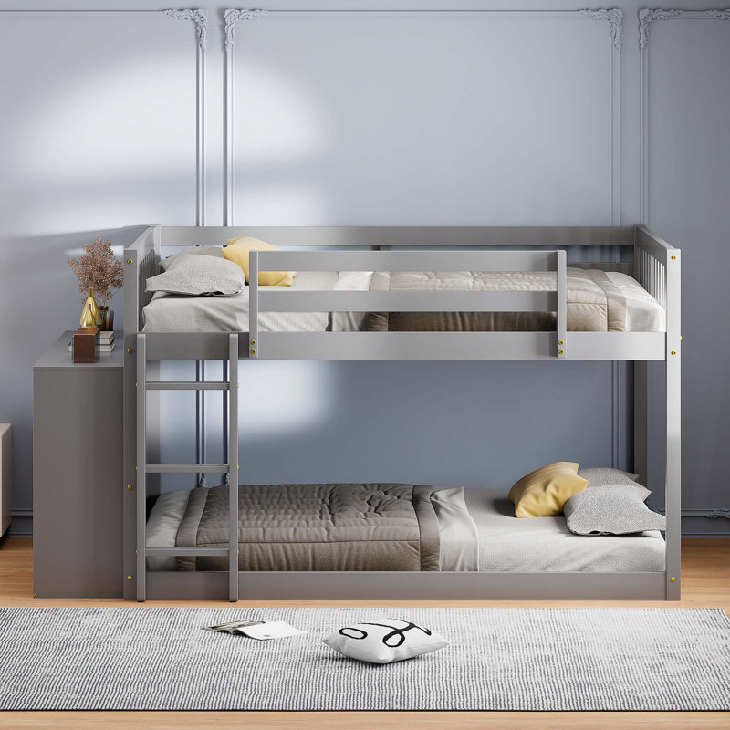 Lit superposé double avec 4 tiroirs et 3 tablettes, Gris