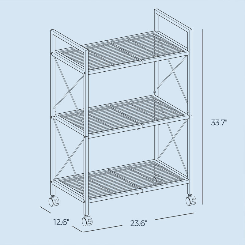 Étagère en filet, support de rangement en métal à 3 niveaux avec roulettes, avec cadres latéraux en X, largeur de 23,6 pouces, pour entrée, cuisine, style industriel