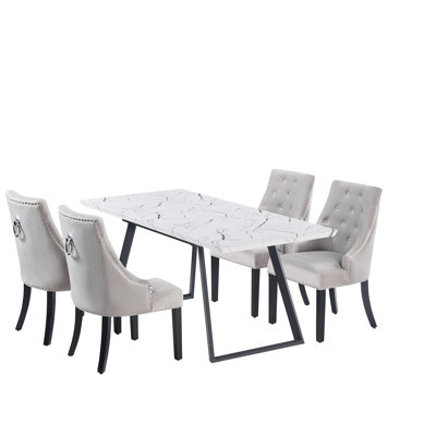Rosamond 4 Person Dining set - a Rectangular Wooden Dining Table with Metal Legs and a Set of 4 Quilted Ring Knocker Velvet Dining Chairs for Dining Room - Modern Dining Table Set