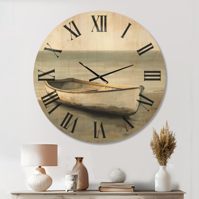Quiet Harbor Rowboat I - Cream Coastal Round Wall Clock, Printed on Wood