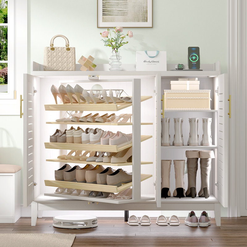 Armoire à chaussures à 5 niveaux de 47,3 po avec étagère à chaussures rotative à 360 ° et capteur de lumière humaine, armoire à chaussures autoportante avec tablettes réglables