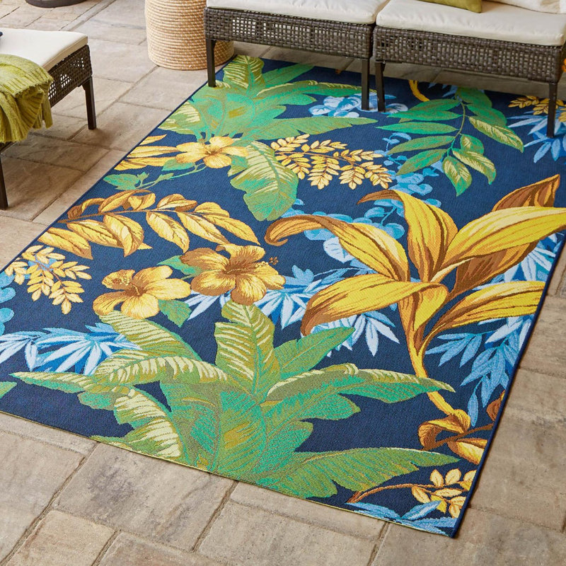 Tapis intérieur / extérieur à motif floral bleu / jaune Brett, Rectangle 7 pi 10 po x 11 pi