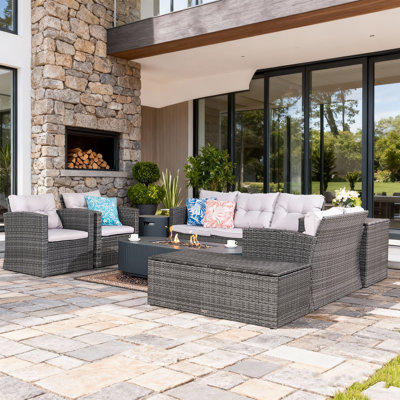 8-Piece Grey Outdoor Wicker Patio Sofa Set With Storage, Fire Pit Table & Cushions, Metal Frame Modular Sectional For 7-Person Porch / Garden / Patio