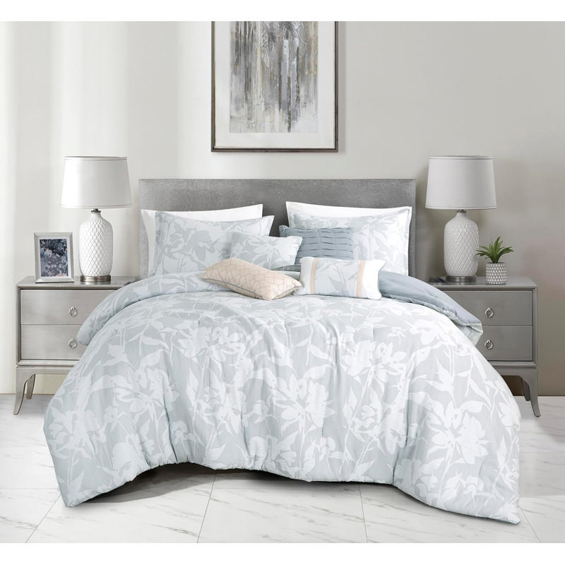 Full Size White and Gray Floral Comforter Set with Decorative Cushions
