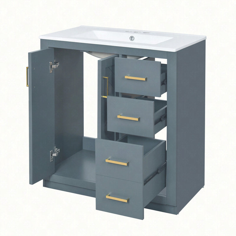 Ensemble de meuble-lavabo 30 po avec lavabo en céramique, armoire de rangement en bois massif, ensemble de meuble-lavabo autoportant avec 3 tiroirs et portes à fermeture douce