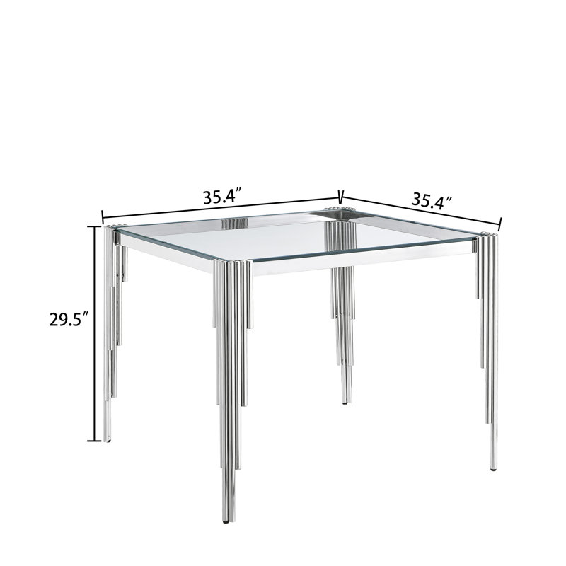 35.43" Contemporary Square Dining Table With Tempered Glass Top And Stainless steel Legs,kitchen table,dining table, Clear