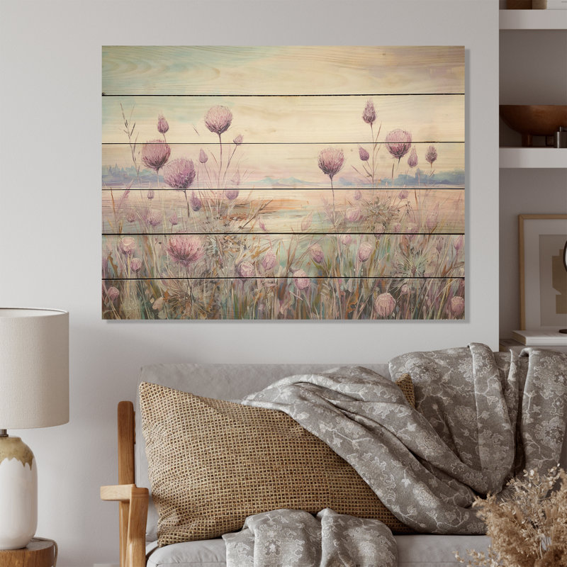 Minimalisme, chardon, nature, fluorescence I - champ de fleurs, art mural sur bois de pin naturel, H 24 po x l 32 po