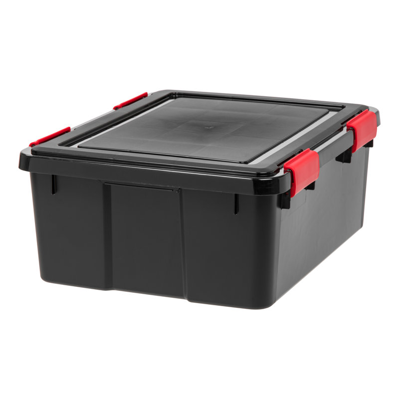 Black and Red Stackable WeatherPro Plastic Storage Bins with Lids, 19.7 in