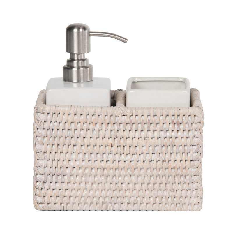 La Jolla Rattan Soap Dispenser and Tumbler/Tootbrush Holder Set, Honey-Brown, White Wash