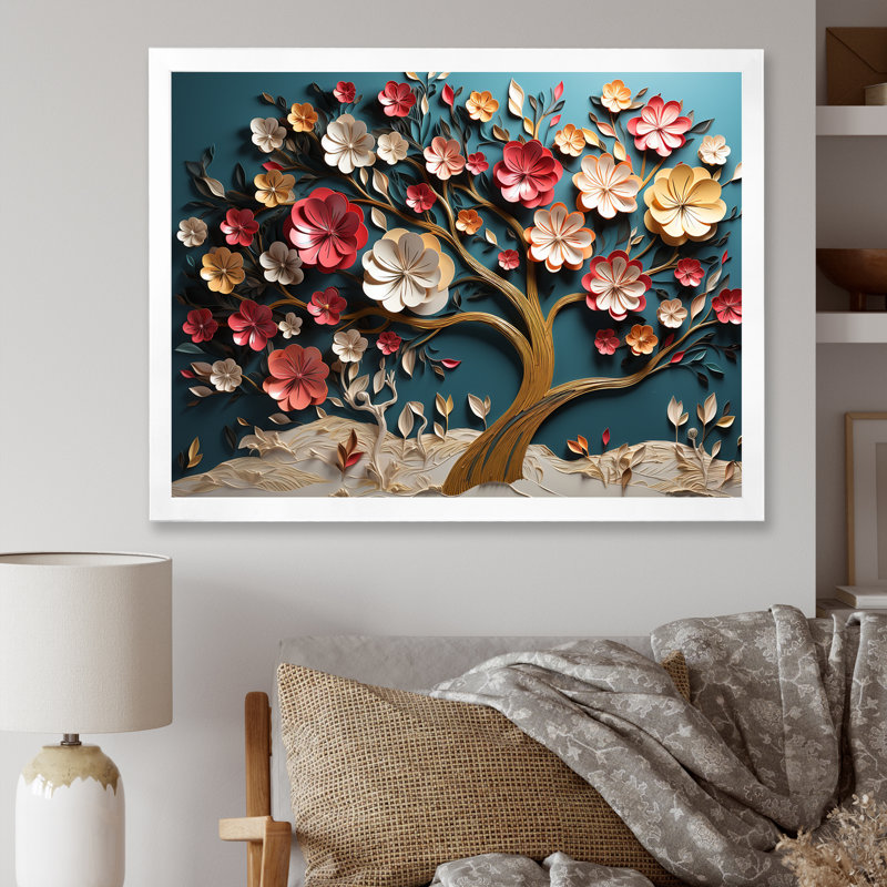 Orchidée rose et bleue, branches d'arbre I - art mural arbre, Cadre d'angle fermé blanc, H 16 po x l 32 po x P 1 po