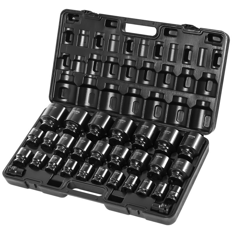 Ensemble de douilles à chocs, douilles à percussion de 19 po 1/2, douilles profondes, douilles à 6 pans, douilles à douille 1/2 po Impact 3/8 po - 1-1 / 2 po, construction robuste en Cr-V, avec rangement Cage