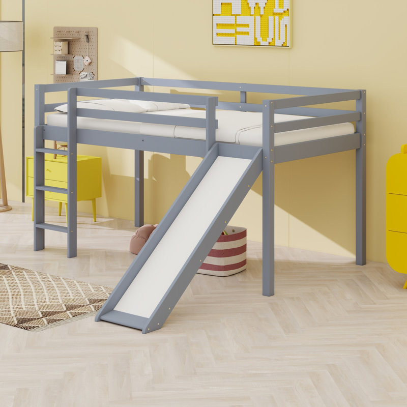 Twin Loft Bed With Slide, Wood Low Loft Bed Frame, Lower Storage Space, Gray