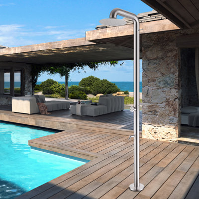 304 Stainless Steel Freestanding Outdoor Shower with 12" Rain showerhead, Footwash Spout, Shelf and Hook