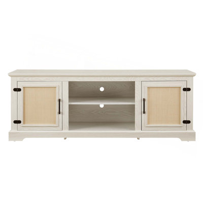 Farmhouse Rattan Tv Stand Console Table For Tvs Up To 70 Inches, Tv Console Table With 2 Storage Shelves, 2 Natural Rattan Door Cabinets, 65"W*15.55"D
