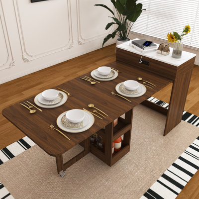 74" Extendable Dining Table with Power Socket, Storage & Lockable Casters, Walnut