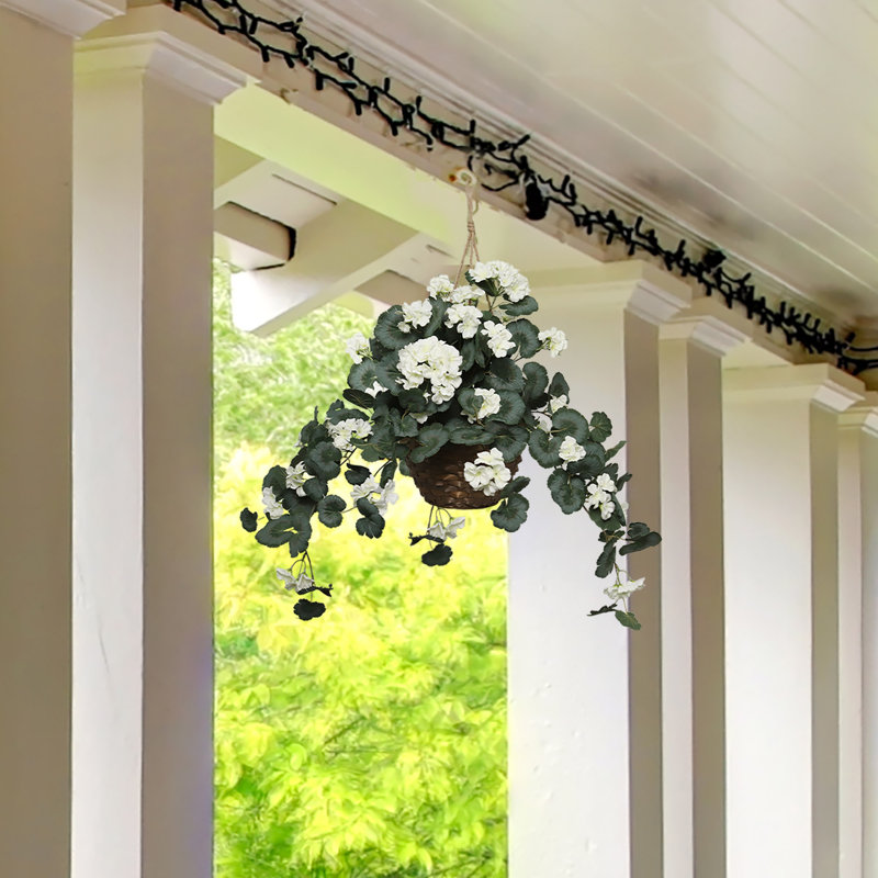 25" Artificial White Geranium Hanging Basket, White