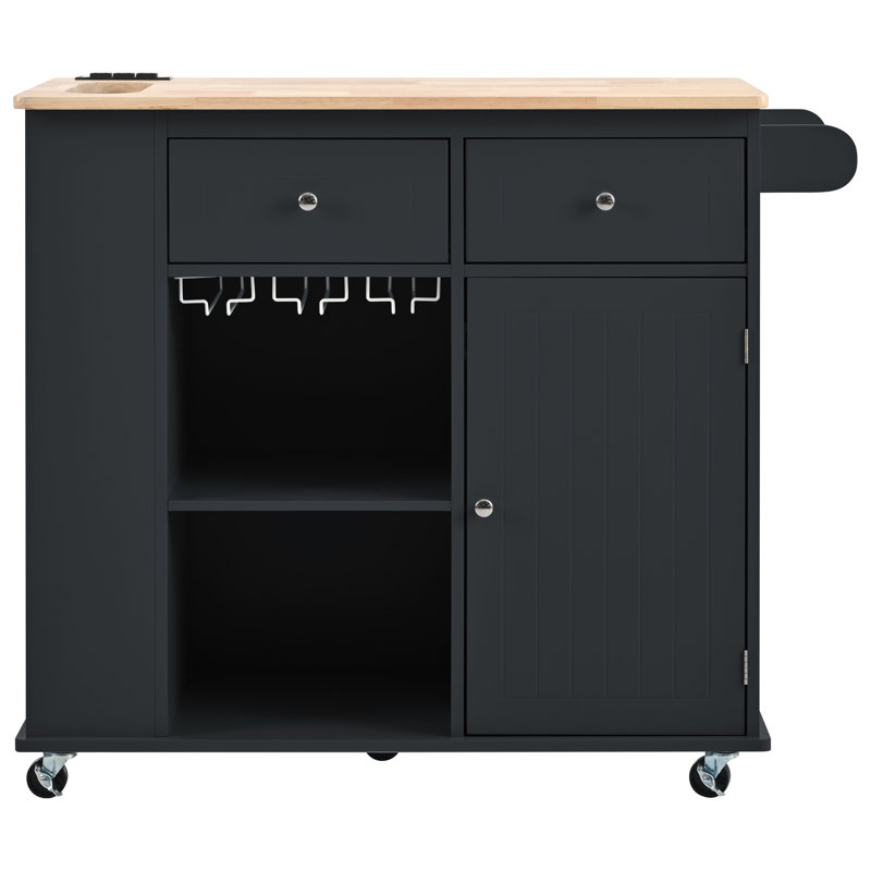 Îlot de cuisine avec prise de courant, îlot de rangement avec abattant et bois d'hévéa, rangement ouvert et support à vin, 5 roulettes, avec rangement réglable pour la maison, la cuisine et la salle à manger