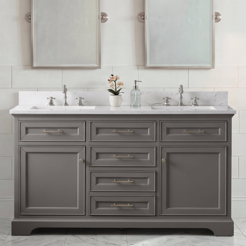Thompson 60" W Double Vanity, Gray/Brushed Nickel