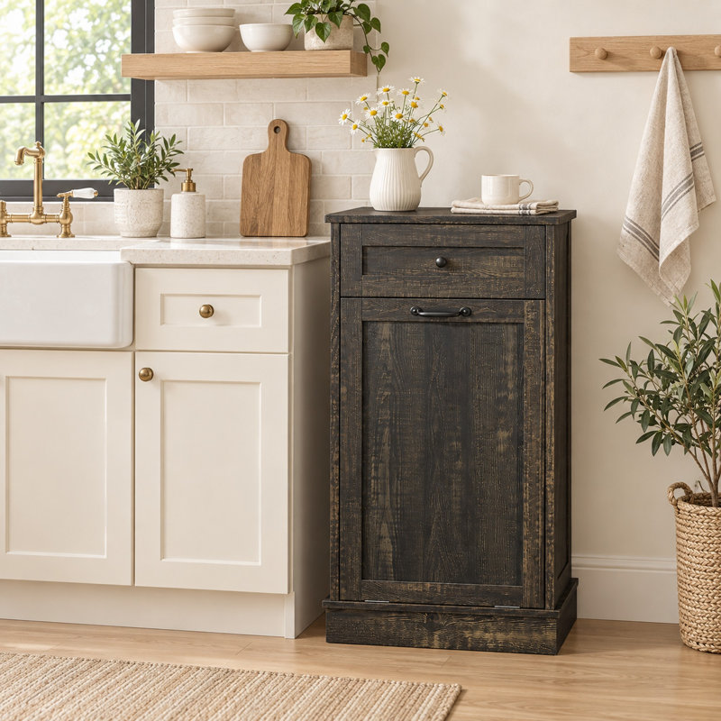 Armoire à poubelle basculante de 49 litres (13 gallons), poubelle dissimulée en bois, résistante aux animaux, pour cuisine et salon - Noir