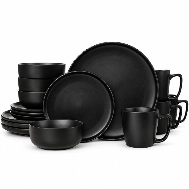 Service de vaisselle 16 pièces pour 4 personnes | Ensemble de grandes tasses, assiettes à salade et bols, plats de haute qualité résistants aux ébréchures et aux fissures, va au lave-vaisselle et au micro-ondes, noir mat