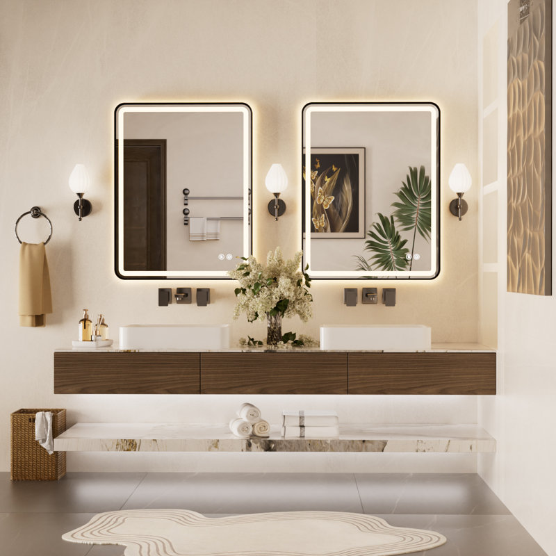 Miroir de salle de bain lumineux à DEL avec cadre en aluminium, éclairage avant et arrière, antibuée, 3 températures de couleur et intensité variable