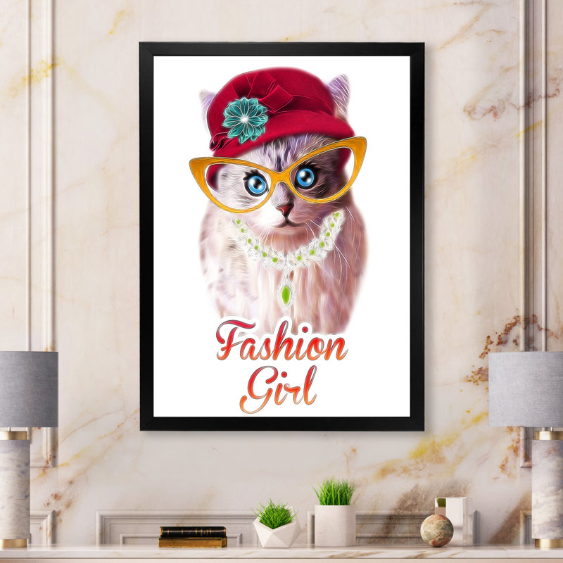 Hipster, chat amusant avec chapeau - décoration murale pour enfants, art sur toile, Toile avec cadre noir