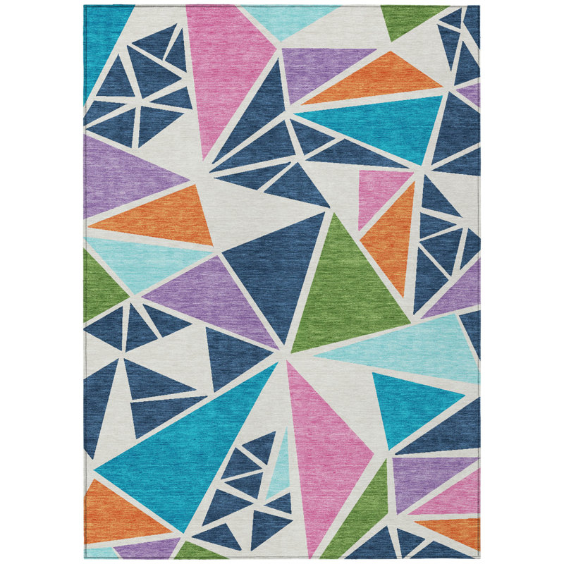 3' X 5' Dark Blue Green And Pink Geometric Washable Indoor Outdoor Area Rug