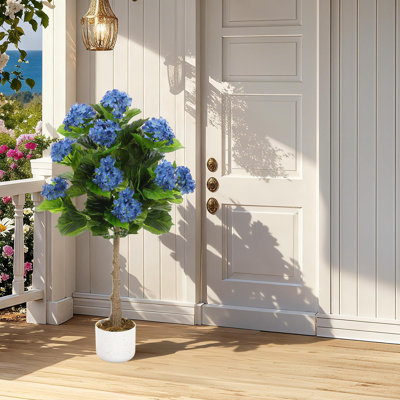 3FT Artificial Hydrangea Tree with Blue Blooms, Realistic Faux Plant in Pot for Home & Office Decor