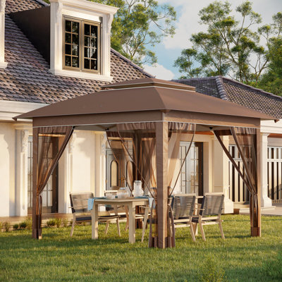 Pop Up Canopy Tent For Outdoor Parties, 12' X 12', With Netting, Khaki, Adjustable Height, Carry Bag, 137 Sq.ft Shade Party