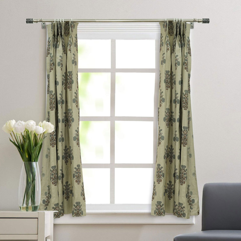 Gray Floral Block Print Handcrafted Plated Linen Curtain Uses for Door, Window Swadesh, 27" W x 90" L