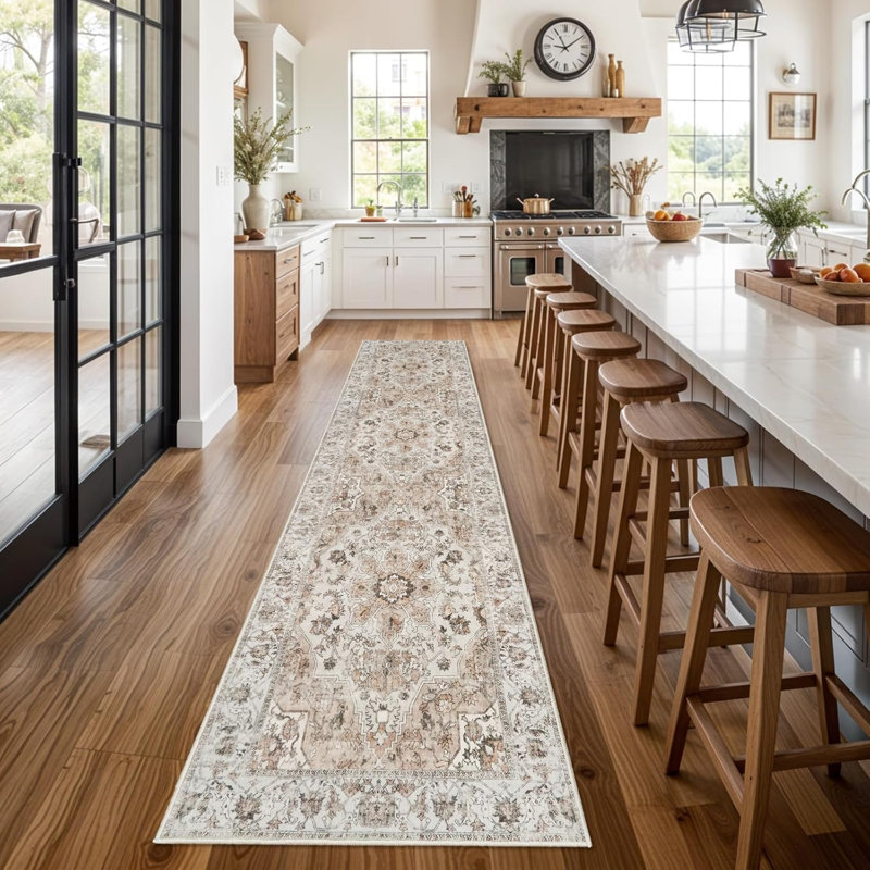 Washable Hallway Rug: Non Slip Rugs with Rubber Backing Soft Kitchen Rug Farmhouse Distressed Carpet for Living Room Bedroom Bathroom (Beige)