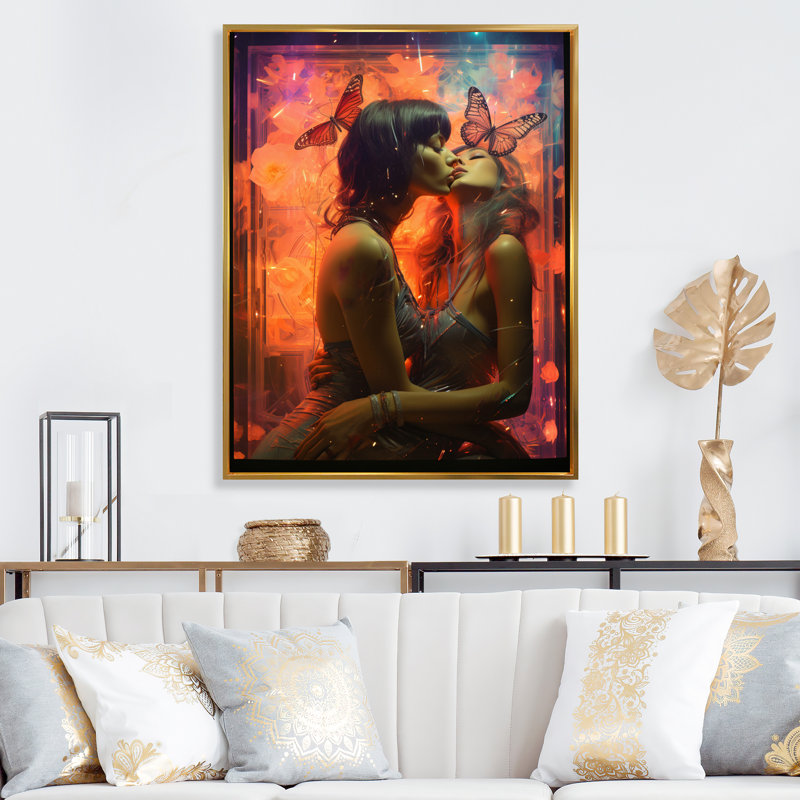 «Retro Portrait Of Lovers Kissing Passionately I», reproduction sur toile, H 20 po x l 12 po x P 1 po, Cadre flottant doré
