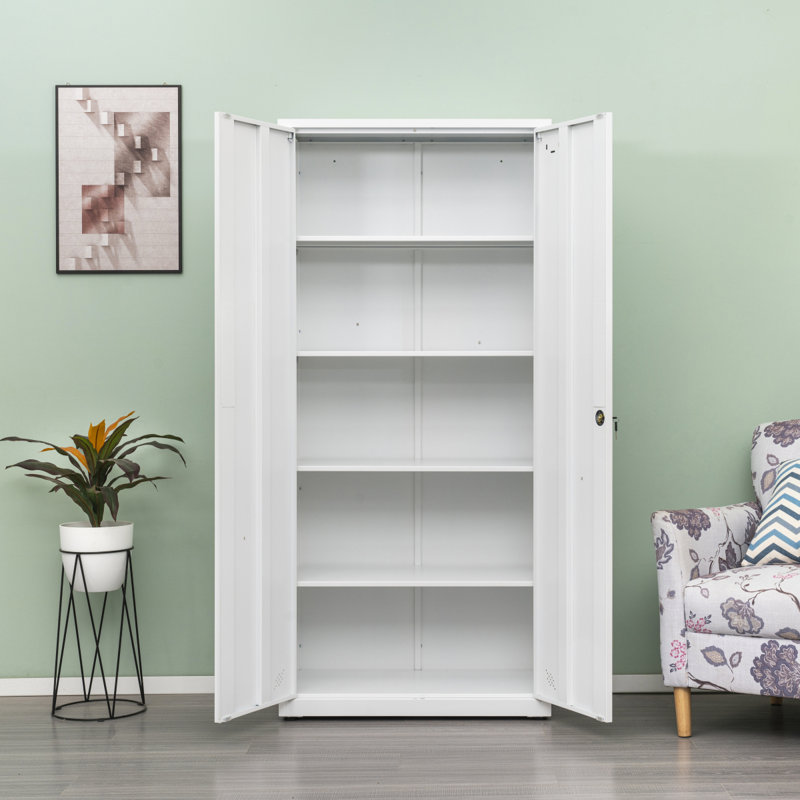 Armoire de rangement haute avec 2 portes et 4 cloisons pour séparer 5 espaces de rangement, conception maison / bureau, Blanc