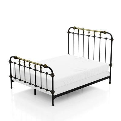 Transitional Style King Bed, Antique Black Metal Bed Frame With Hand - Brushed Gold Accents, 7 Spindles On Boards, Full In Style, H/B And F/B, Powder Coated