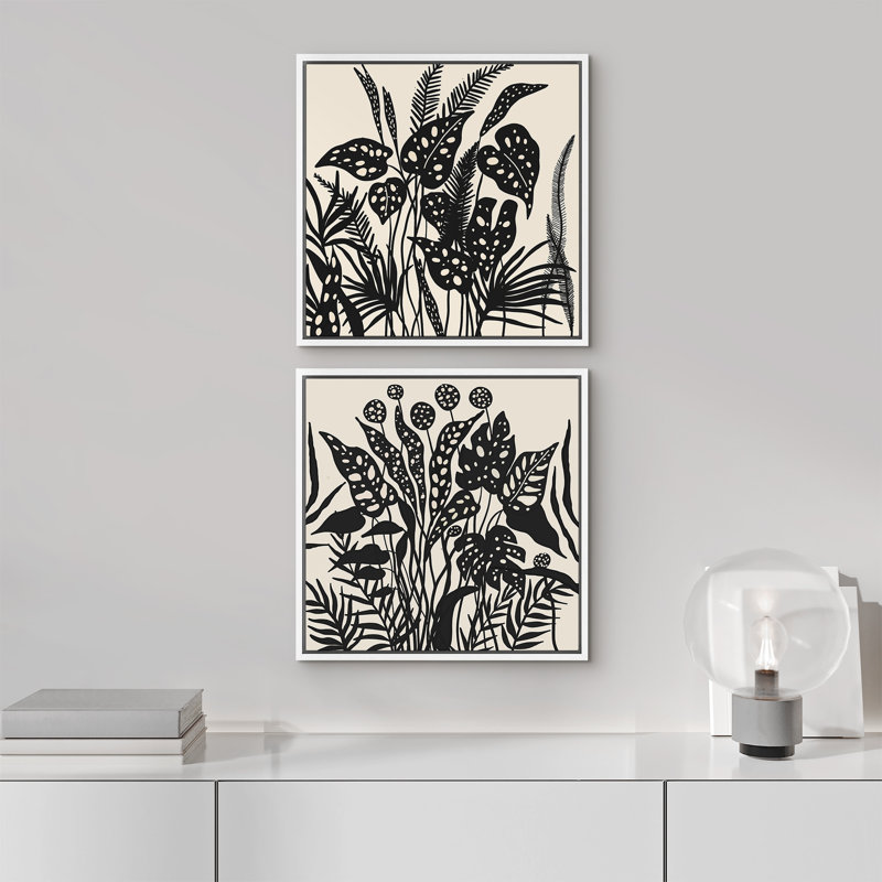 "Black Botanical Silhouette", ensemble de 2 reproductions d'art sur toile, H 16 po x l 16 po, Blanc