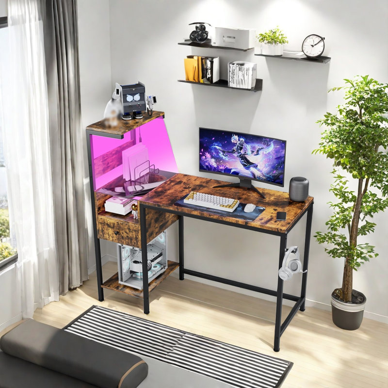 Computer Desk With Power Outlet & Storage Shelves, Brown