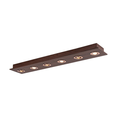 6-Light Rectangle Walnut Wood Rotatable LED Flush Mount Spotlight