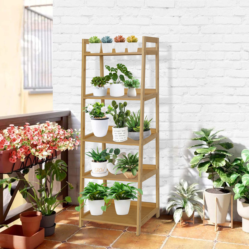 Wood Bookcase Ladder Bookshelf Shelving Unit, Natural, (5 Shelves) 51.6"H x 17"W x 13.5"D