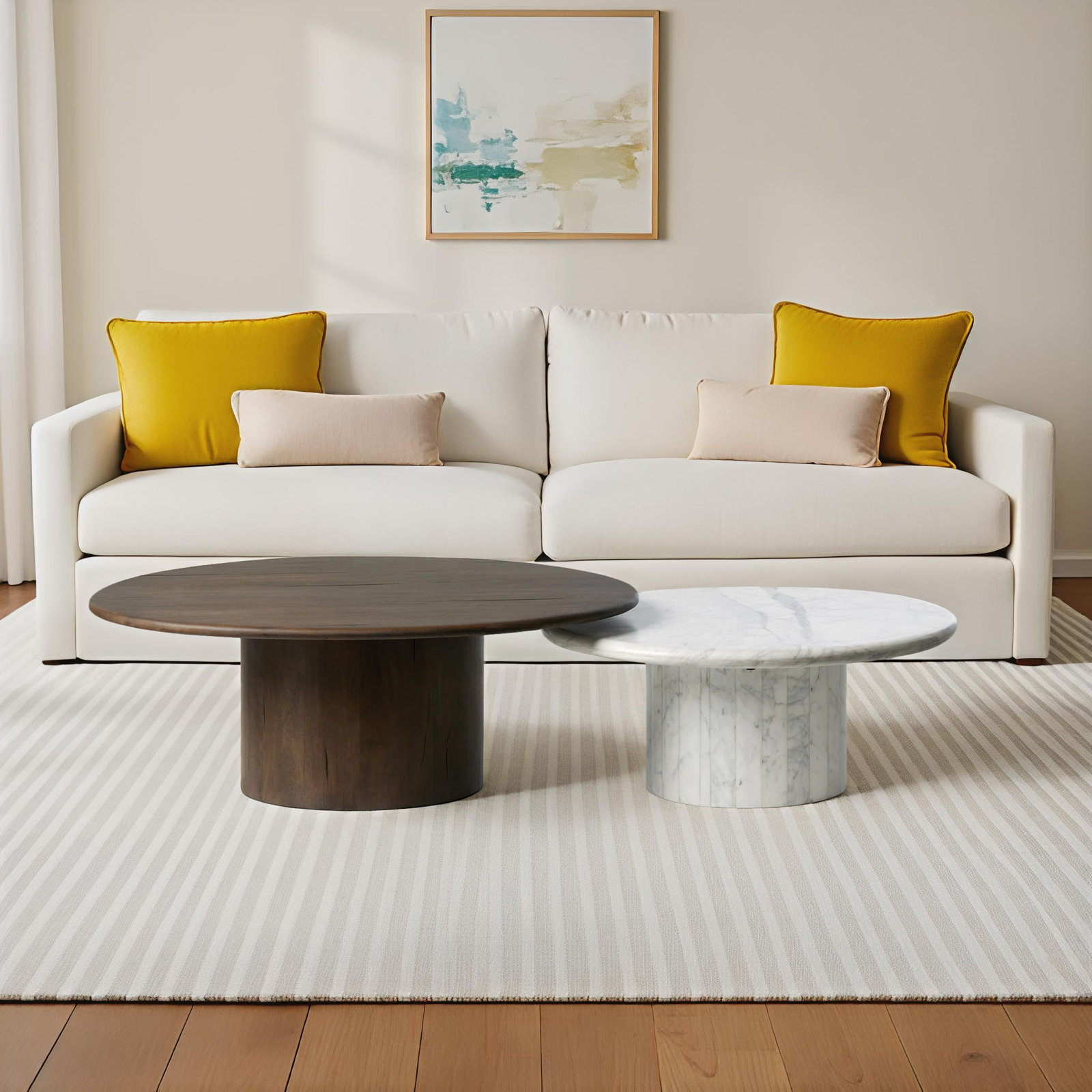 Brennan 34" Genuine Marble Coffee Table, White Calacatta Marble/Aged Belgium Bleach