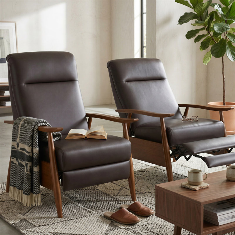 Williamsport Wood Arm Push Back Recliner - Burnished Brown - Set Of 2, Brown Faux Leather