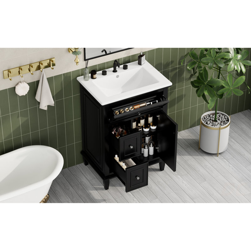Meuble-lavabo 24 po avec lavabo, meuble-lavabo avec un tiroir rabattable et deux tiroirs, tablette réglable, bois massif et panneau de fibres à densité moyenne