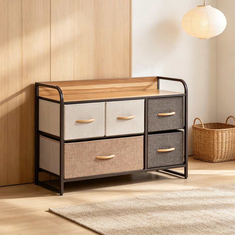5-Drawer Dresser, Fabric Chest Of Drawers, 2-Tier Storage Organizer For Bedroom Entryway, Tower Unit With Steel Frame Wooden Top