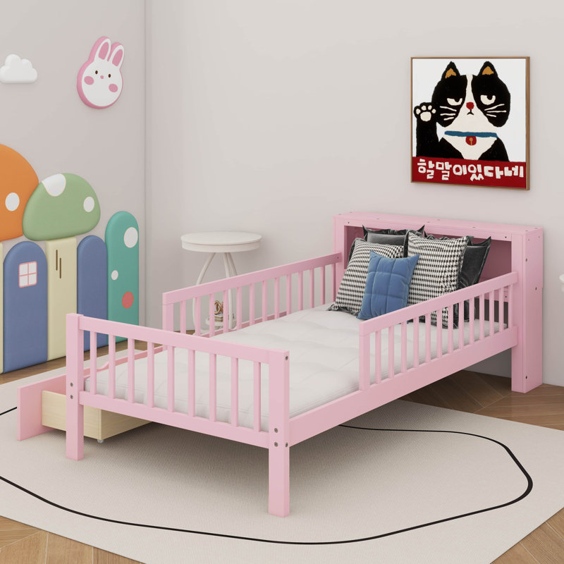 Lit simple avec tablettes de rangement pour la tête de lit, tiroirs, garde-corps à trois côtés pour plus de sécurité, Rose
