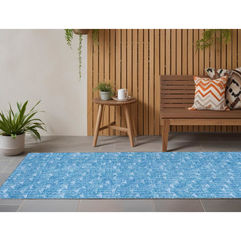 8' Runner Blue Geometric Washable Non Skid Indoor Outdoor Runner Rug