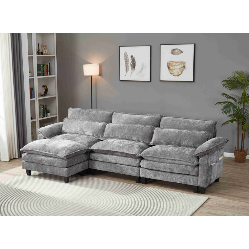 Canapé modulaire en L avec repose-pieds Luqi, Chenille grise foncée, H 35,8 po x l 115 po x P 52,4 po