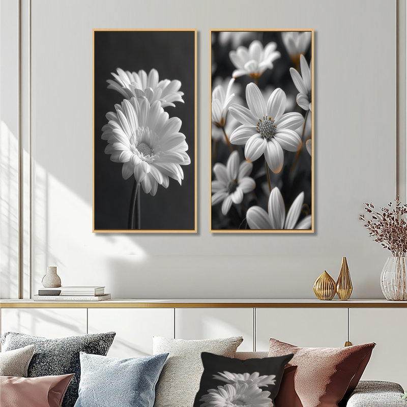 Monochromes noir et blanc «Bliss Daisy Photo I - Daisies Wall Art», ensemble de 2 pièces, H 28 po x l 24 po, Érable