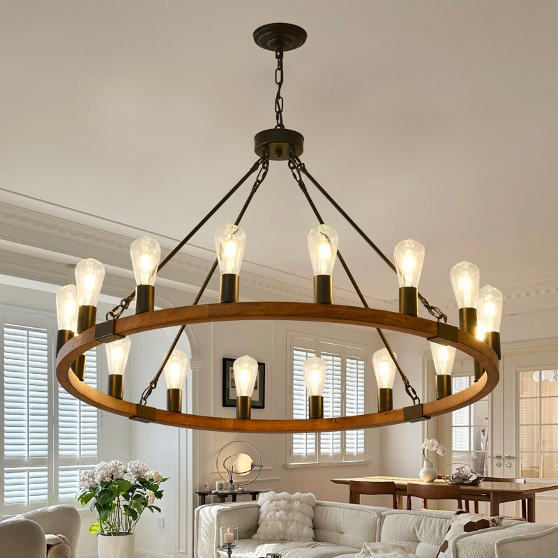 Lustre 16 lumières en roue de chariot de style campagnard, luminaire suspendu rond rustique, H 25,4 po x l 40 po x P 40 po